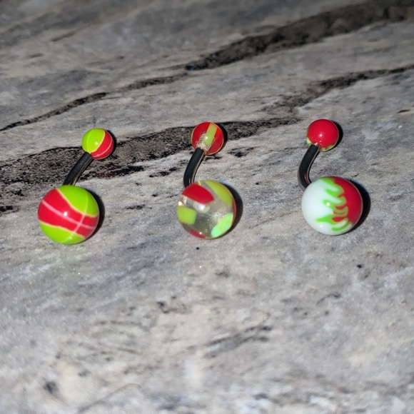 3 Belly Button Ring Set Red Green/Yellow - Picture 2 of 3